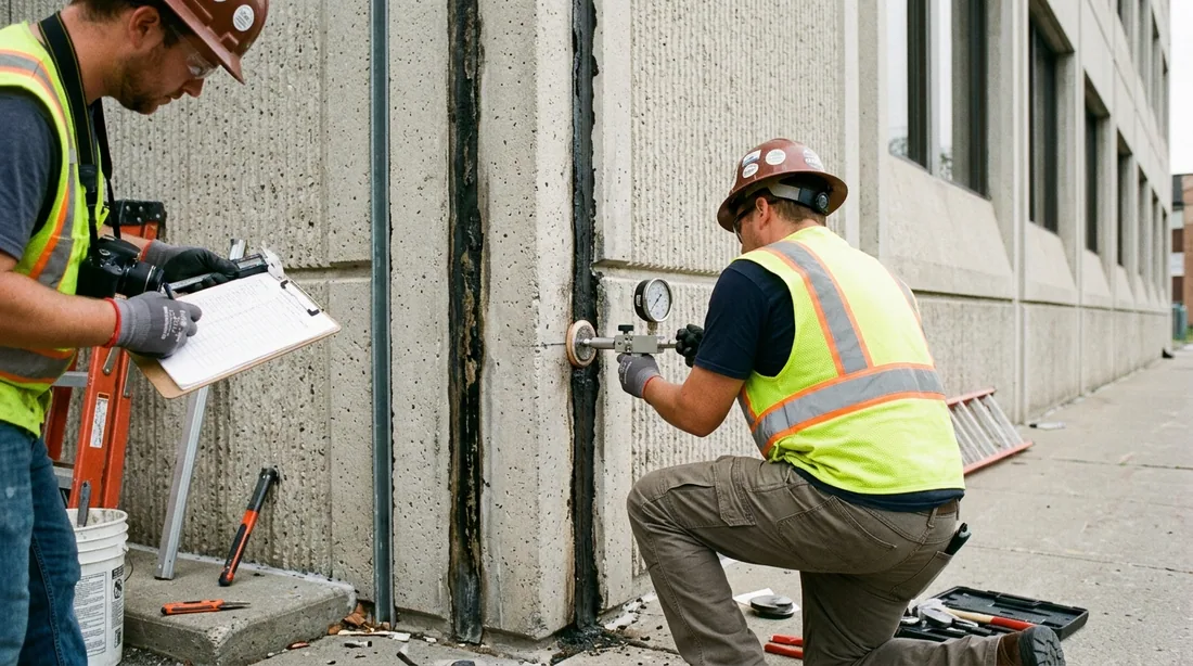 Elevations walked or dropped, joint types and widths recorded, and adhesion pull tests done on the — Rockford, IL