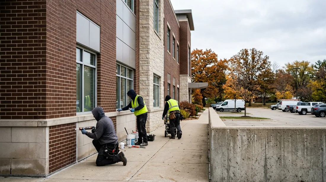 A small professional crew working on a commercial caulking job at a property, seen from behind and — Rockford, IL